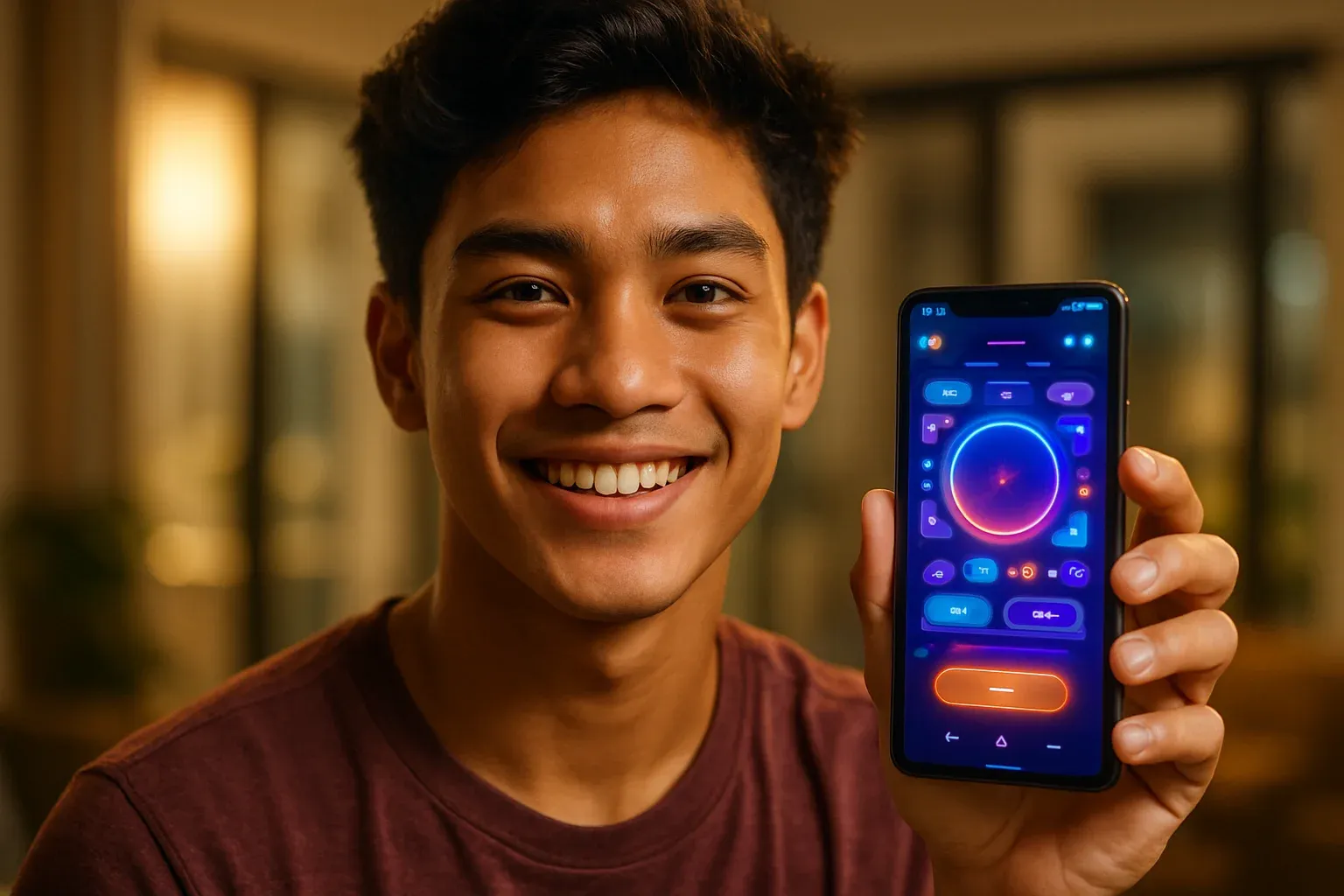 Smiling young Filipino man holding smartphone showing colorful gaming app interface