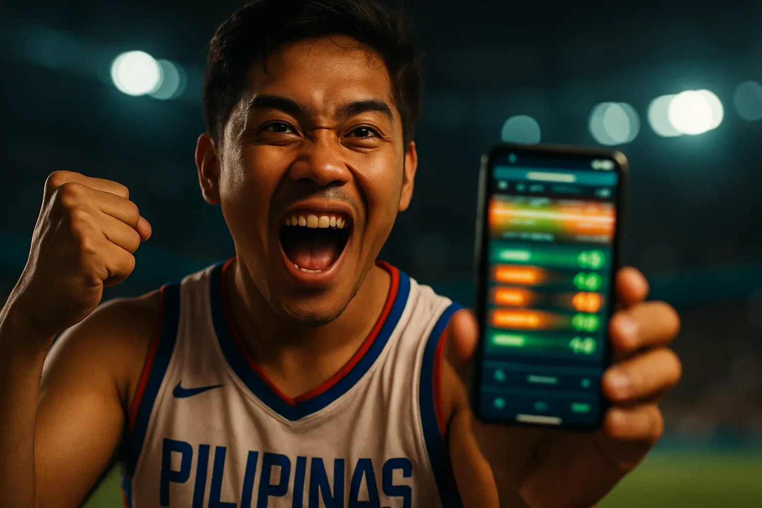 Excited young Filipino man cheering, holding smartphone with sports betting interface