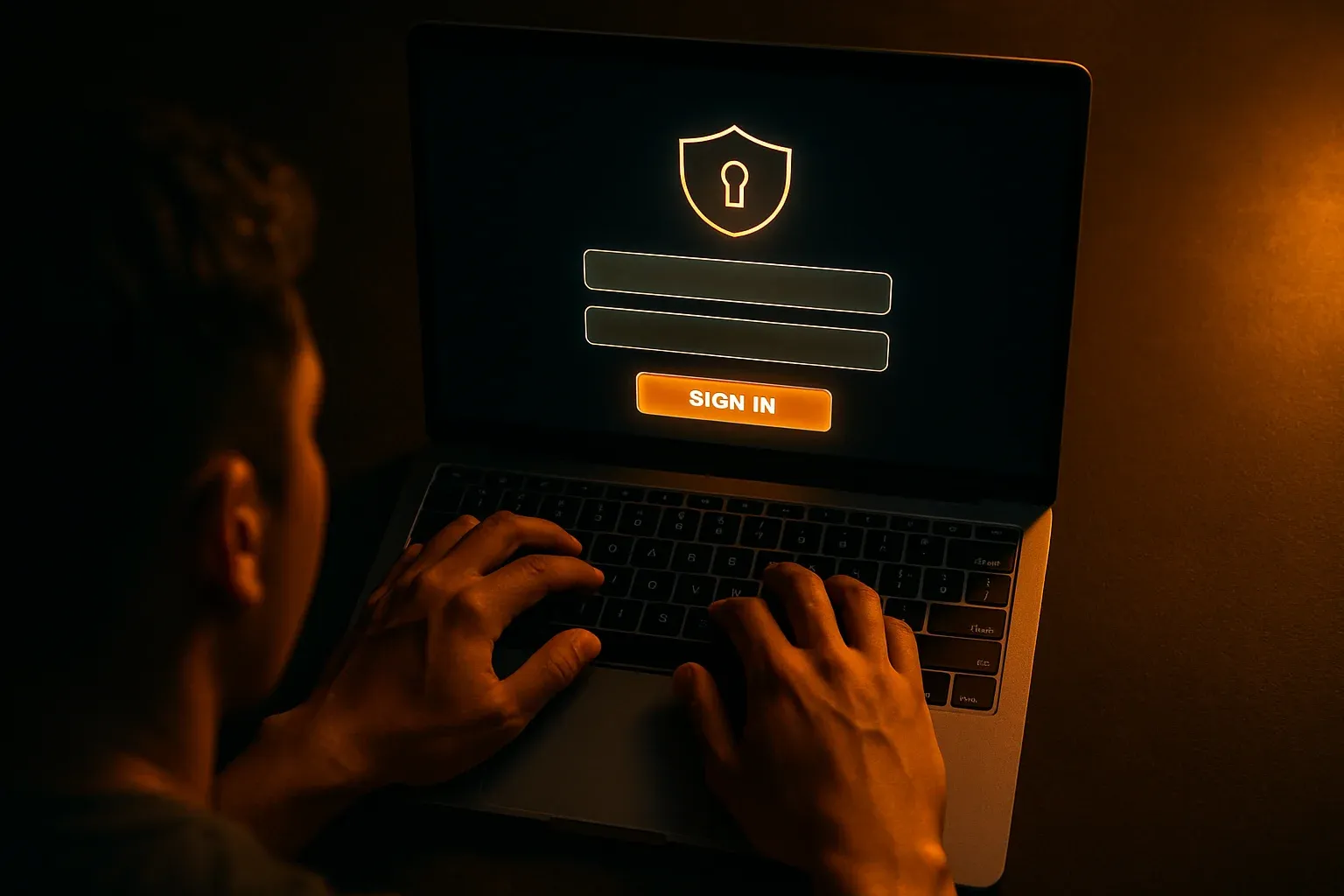 Young Filipino man hands on laptop showing stylized sign-in form