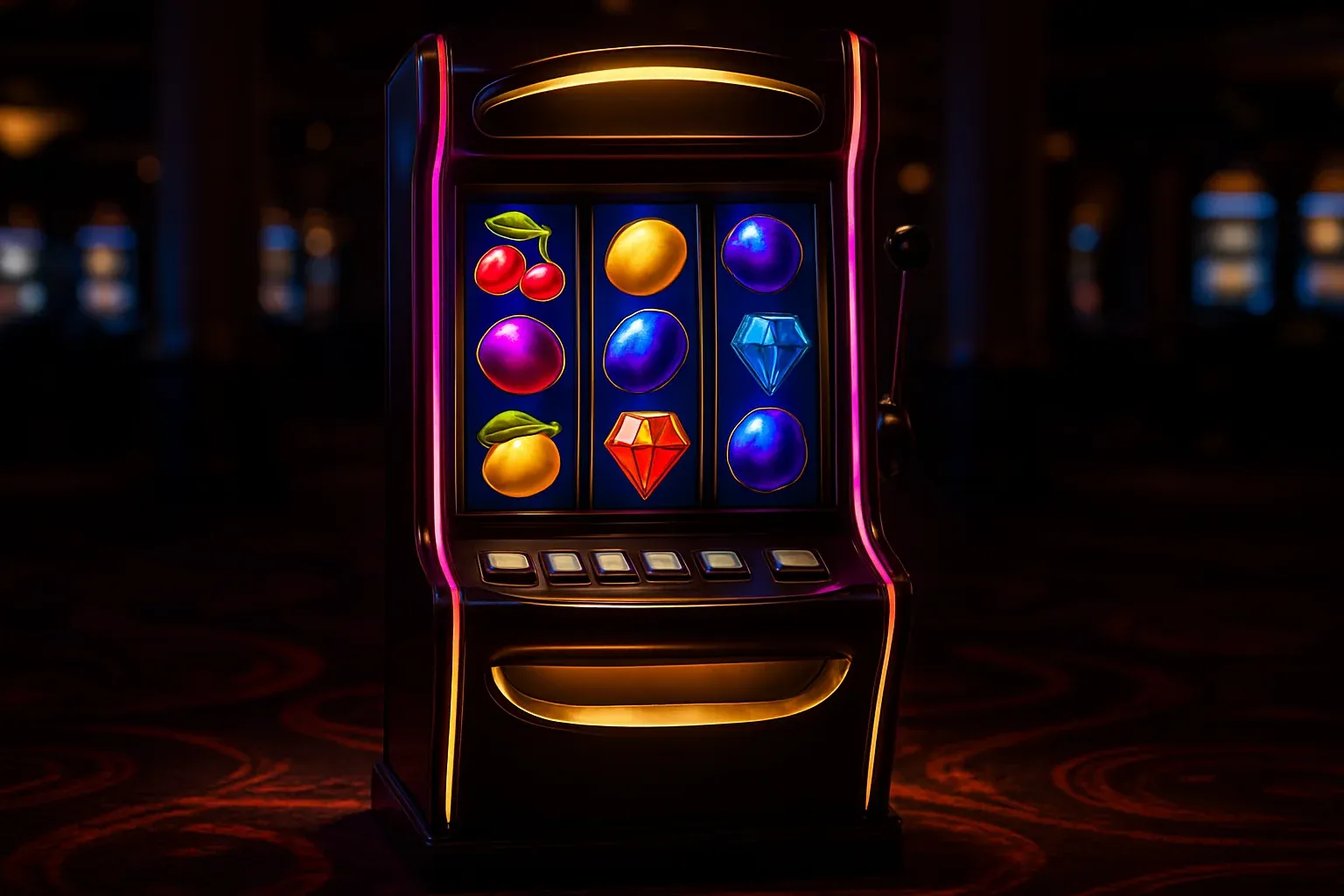 Hyperrealistic wide shot of premium slot machine in dark luxury casino